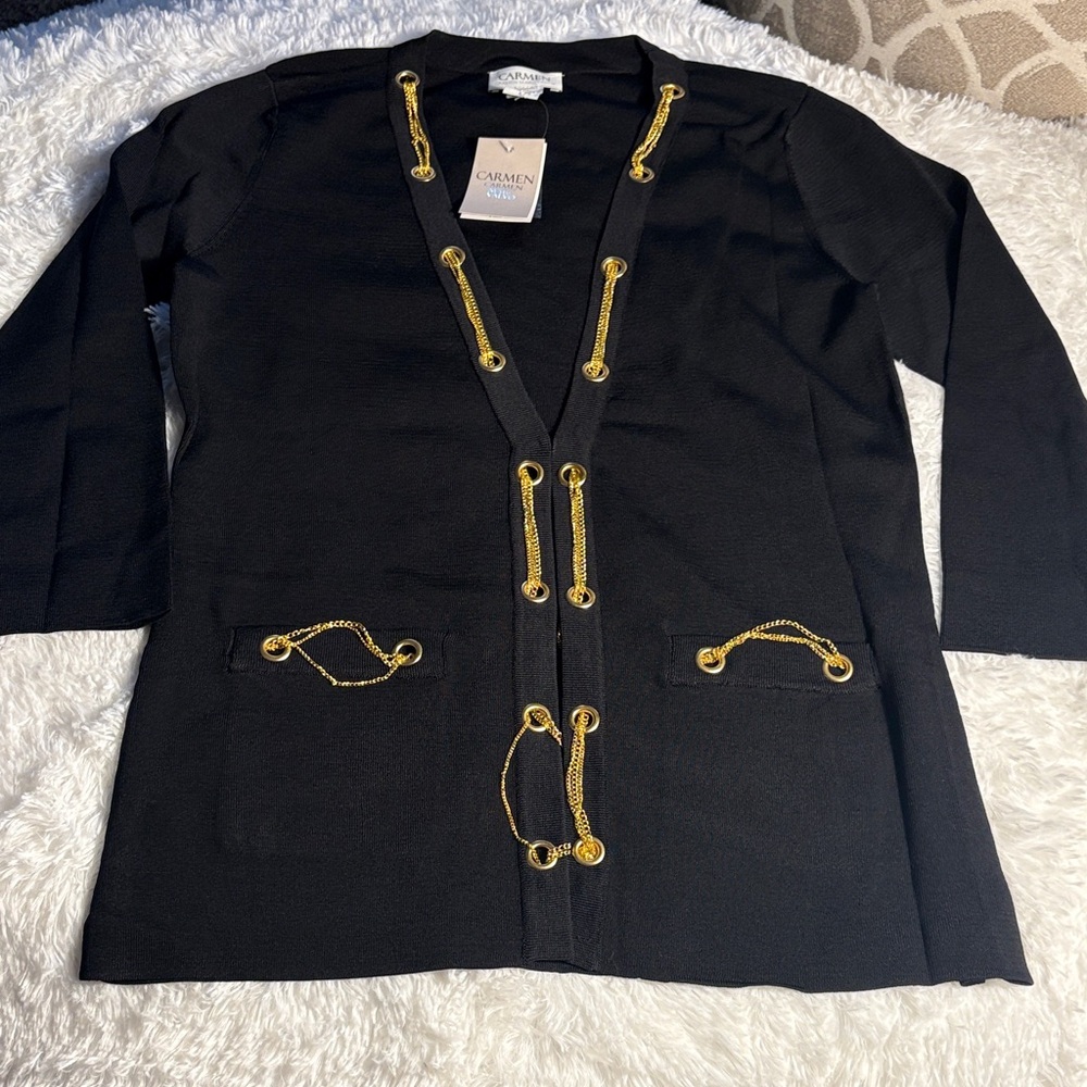 NWT Carmen Marc Valvo Black Long Sleeve Gold Chain Detailing Sweater In Size L